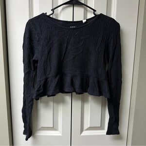 PacSun Women’s Black Ruffle Waffle Knit Long Sleeve Crop Top - XS